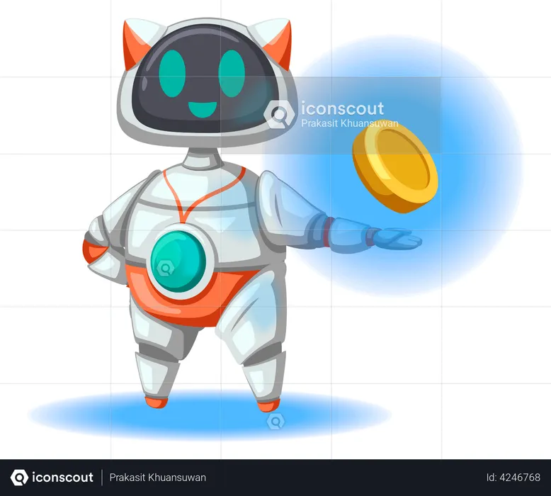 Robot presenting gold coin  Illustration