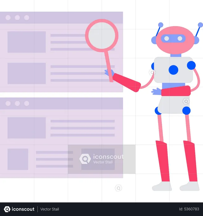 Robot searching with magnifier on web page  Illustration