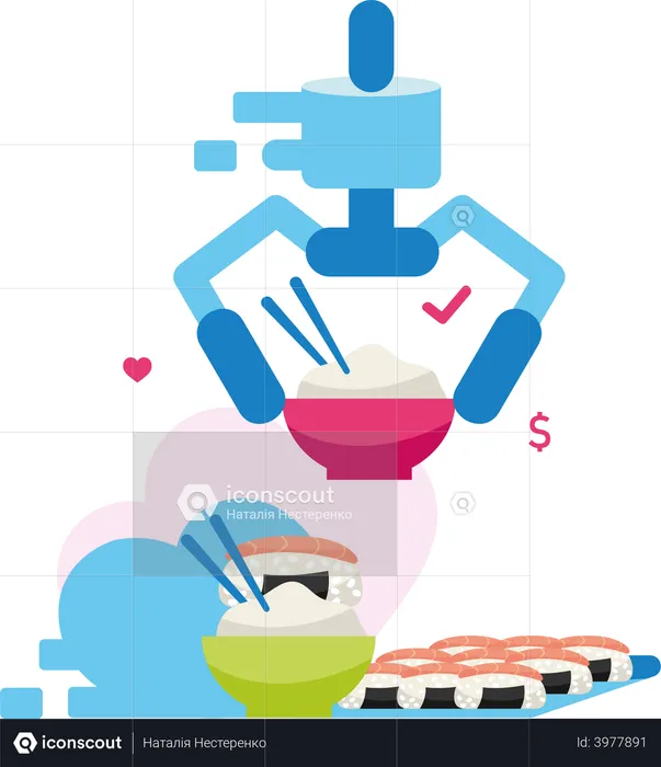 Robot serving japanese food  Illustration