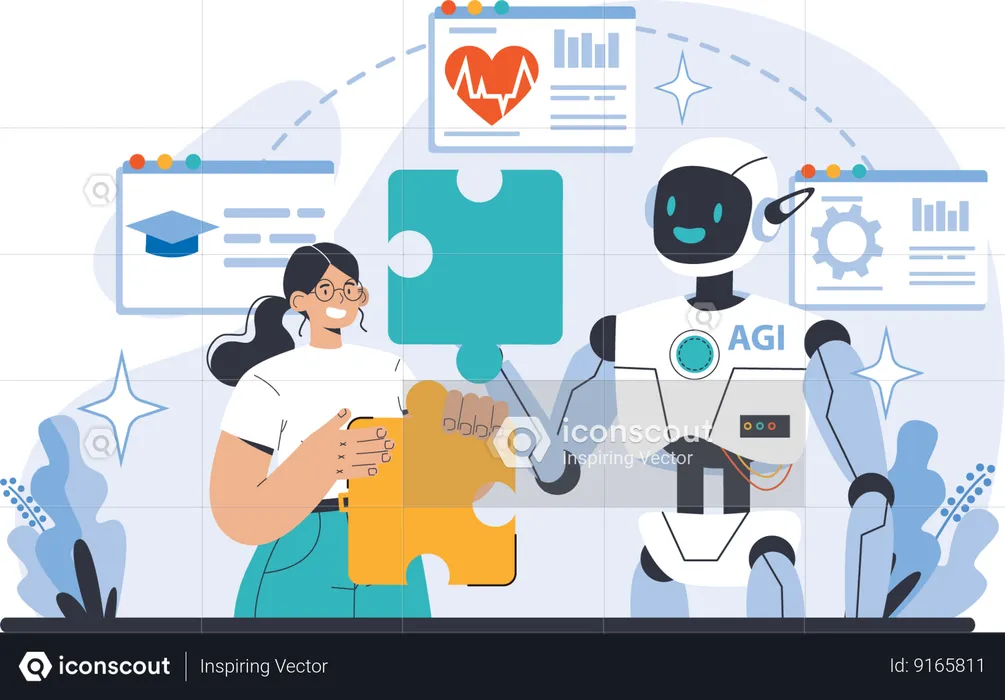Robot solving problem with girl while doing business analysis  Illustration