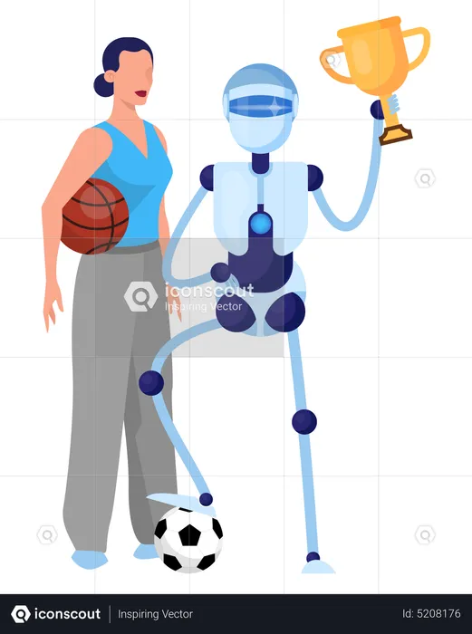Robot sportsman and woman with ball  Illustration