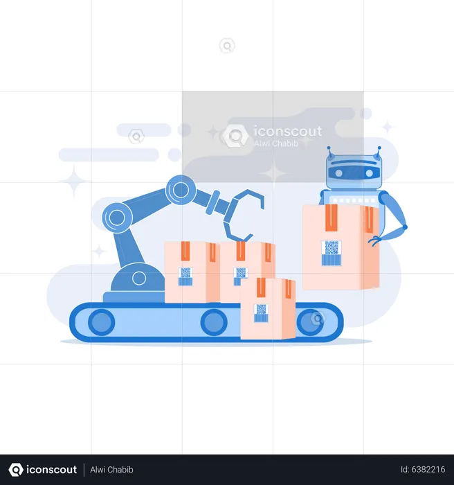 Robot substituting human working with boxes on conveyor belt and robotic arm  Illustration