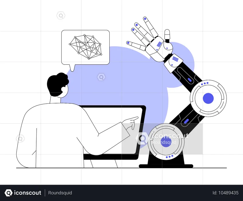 Un robot travaille sur la conception de sites Web  Illustration