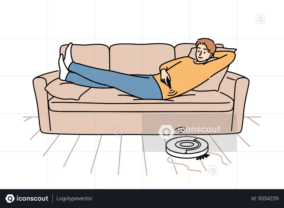 Robot vacuum cleaner controlled using remote control and cleaning room with guy lying on sofa  Illustration