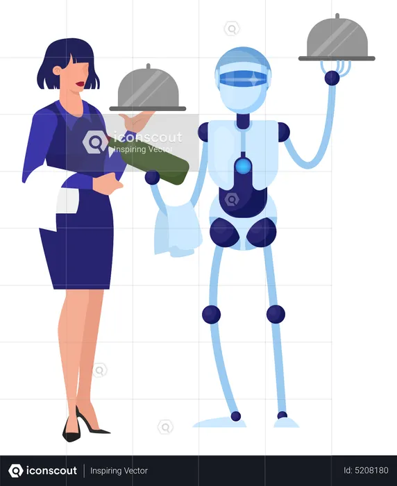 Robot waiter and waitress work together hold food  Illustration