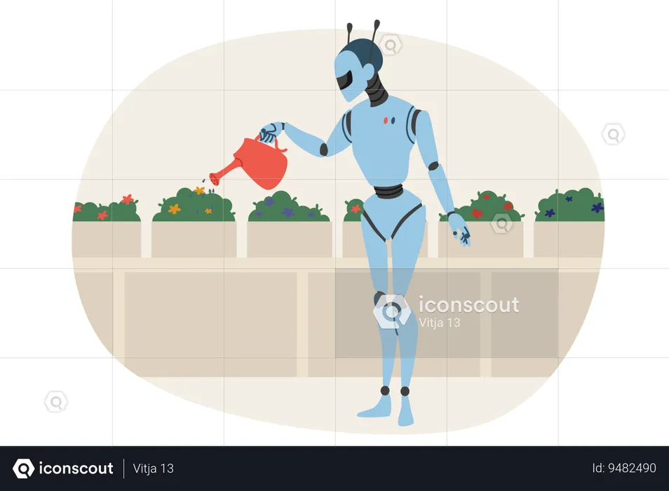 Robot waters plants in garden helping people monitor flowers and bushes growing in greenhouse  Illustration