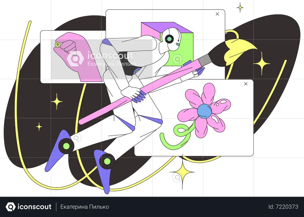 Robot with AI technology creating digital images  Illustration