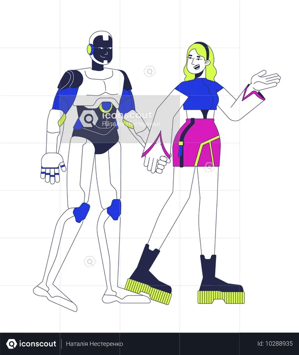 Robot with girl walking  Illustration