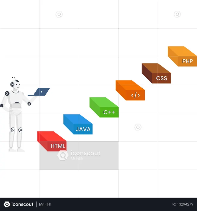 Robot with laptop learning programming languages on a career path with HTML CSS and Java code blocks  Illustration