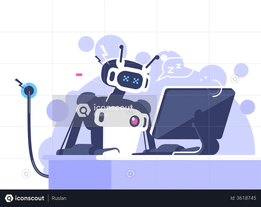 Robot With Low Energy Working On Laptop  Illustration