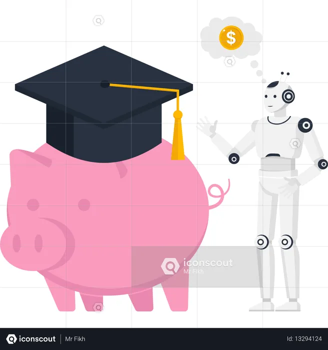 Robot with piggy bank wearing graduation cap for education savings and college fund  Illustration