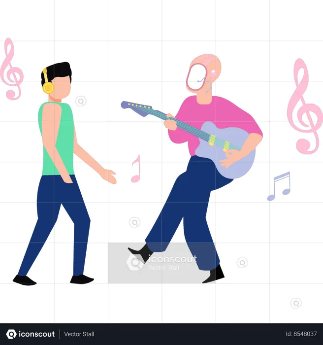 Robot y hombre bailan con la guitarra.  Ilustración