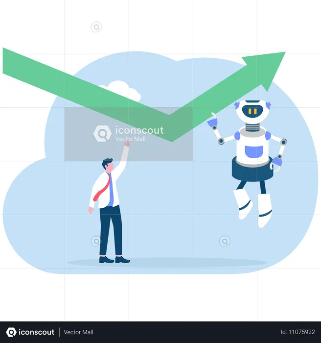 Roboter mit künstlicher Intelligenz, der einen Pfeilgraphen nach oben schiebt  Illustration