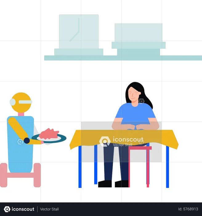 Roboter serviert Mädchen Essen  Illustration