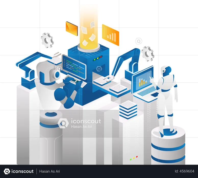 Roboter steuert automatische Maschine  Illustration