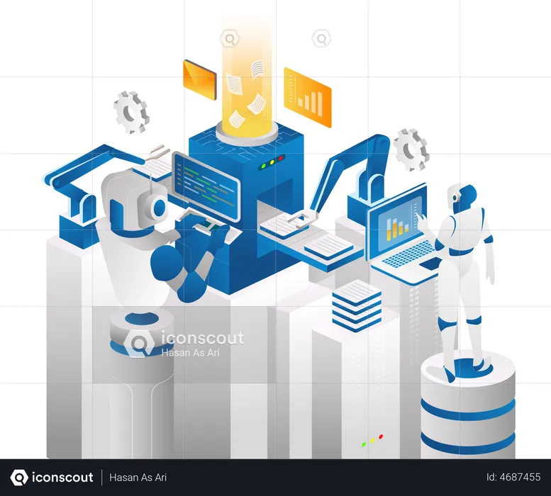 Roboter steuert automatische Maschine  Illustration