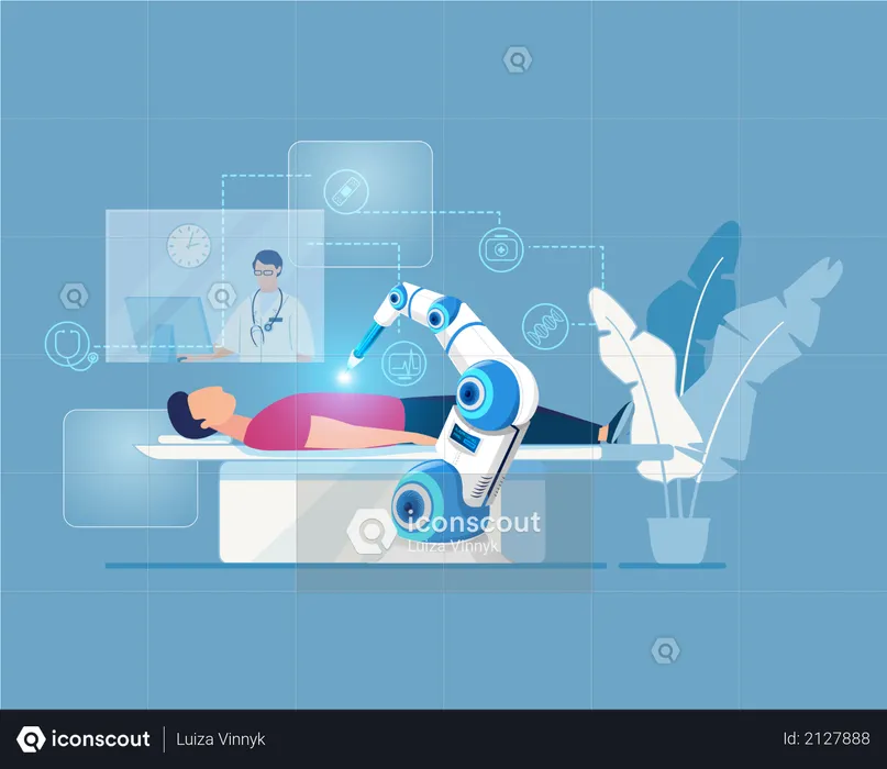 Robotic arm doing operation of human under doctor observation  Illustration