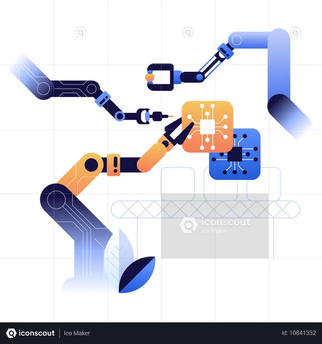 生産ラインでマイクロチップを組み立てるロボットアーム  イラスト