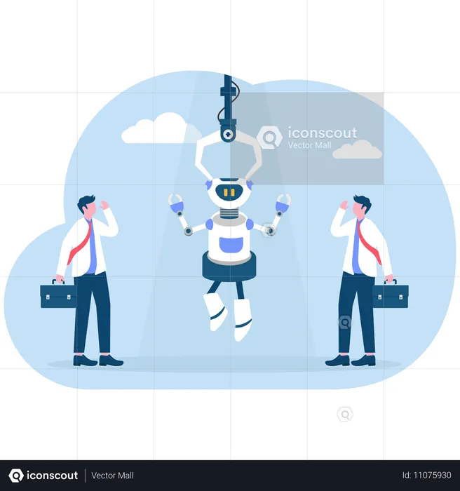 Robotic claw choosing robot with artificial intelligence from group of business people  Illustration