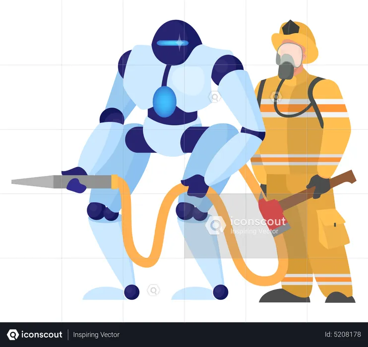 Robotic fireman help human being  Illustration