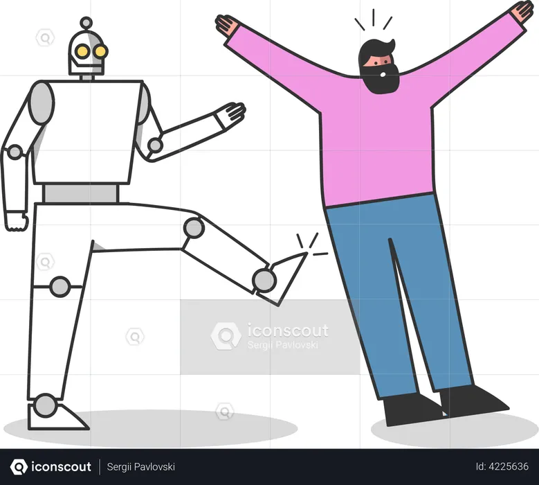 Robotic worker kicks human professional  Illustration