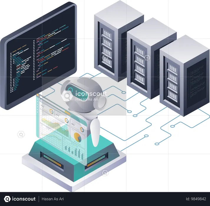 Robots Analyzing Data in Cloud Servers  Illustration