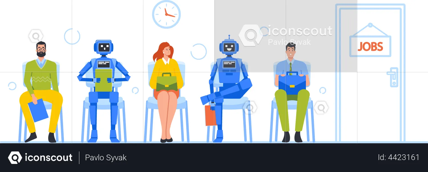 Robots and Human Waiting for job interview  Illustration