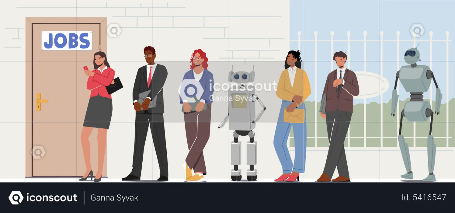 Robots and Human Waiting in Lobby Stand in Line Waiting Job Interview  Illustration