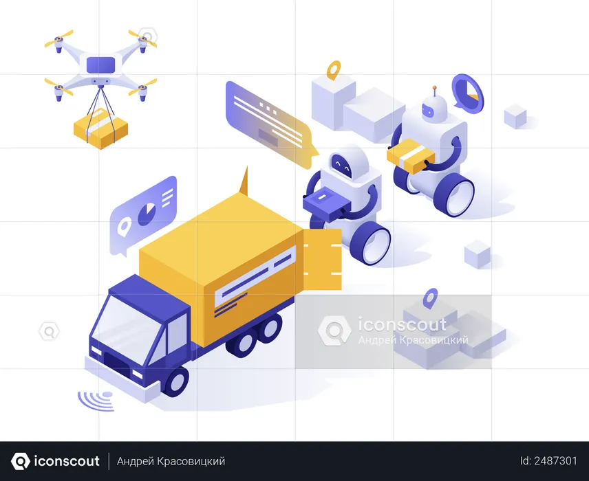 Robots loading boxes in delivery truck and flying quadcopter drone  Illustration