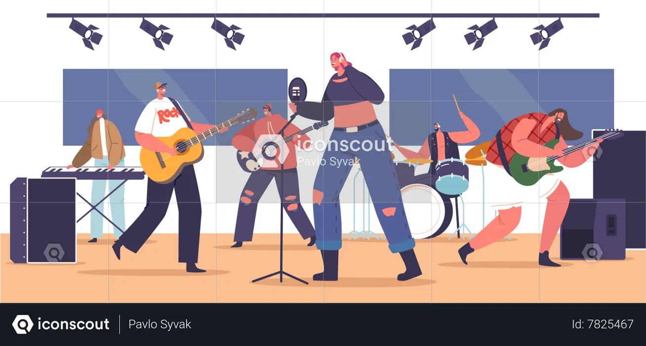 Rock Band Performing Music Concert On Stage  Illustration