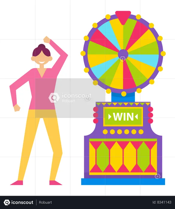 Personagem de mulher apostadora na roda da fortuna da roleta  Ilustração