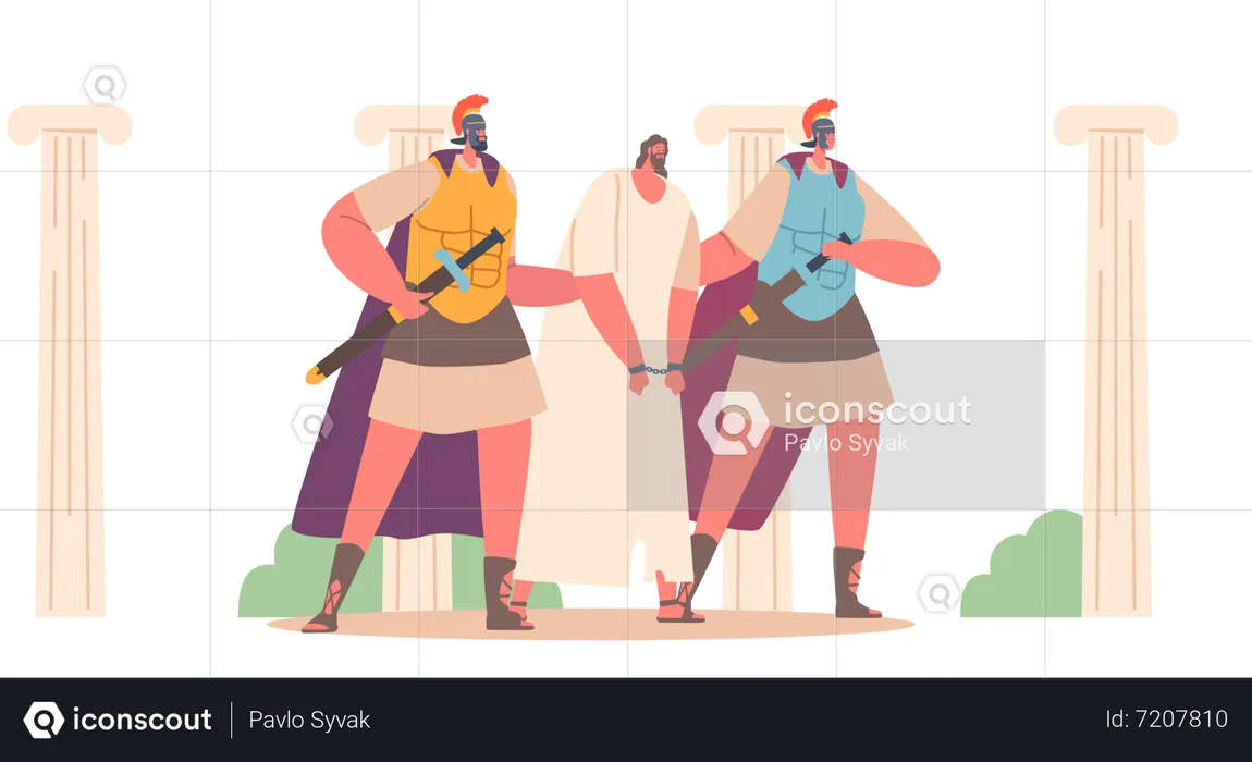 Roman Soldier Escort Chained Jesus To Pontius Pilate For His Trial  Illustration