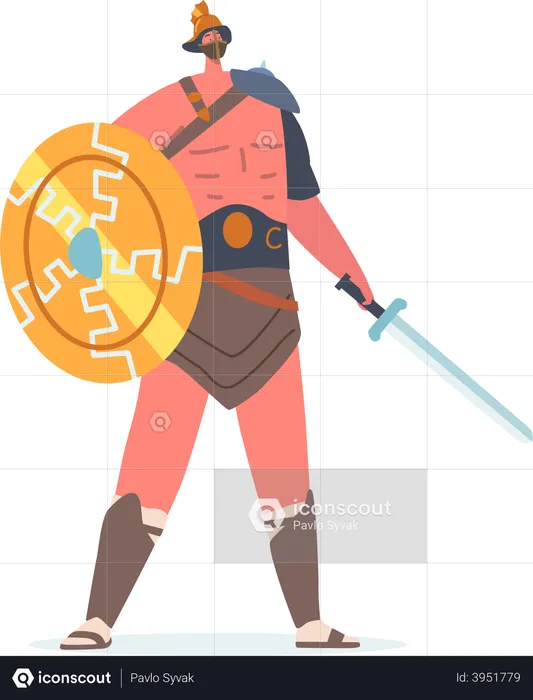 Roman Warrior Gladiator with Naked Torso Hold Sword and Shield  Illustration