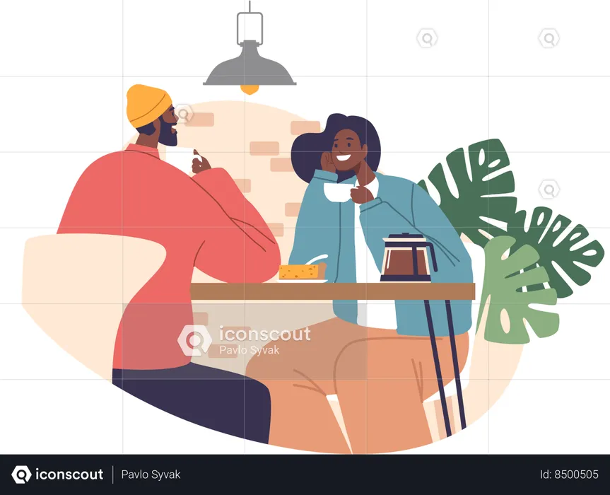 Romantic Black Couple Characters In Cozy Cafe  Illustration