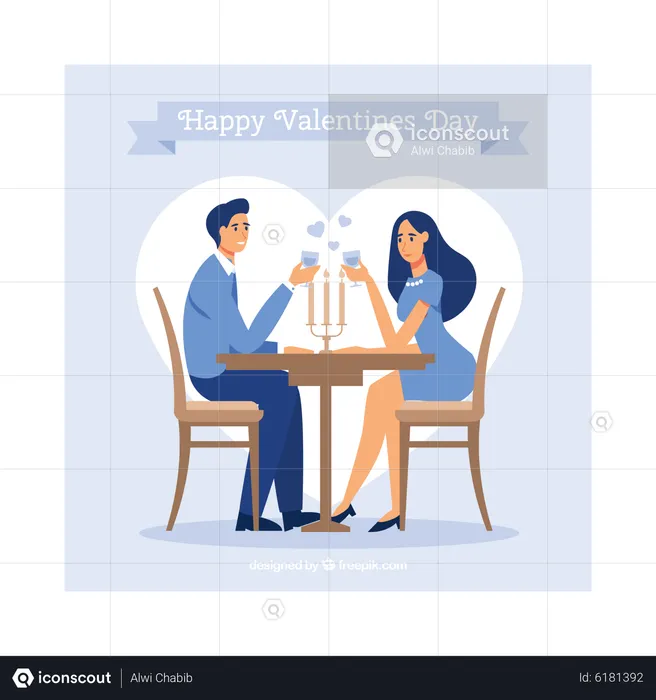Romantic couple doing dinner at restaurant on Valentines day  Illustration