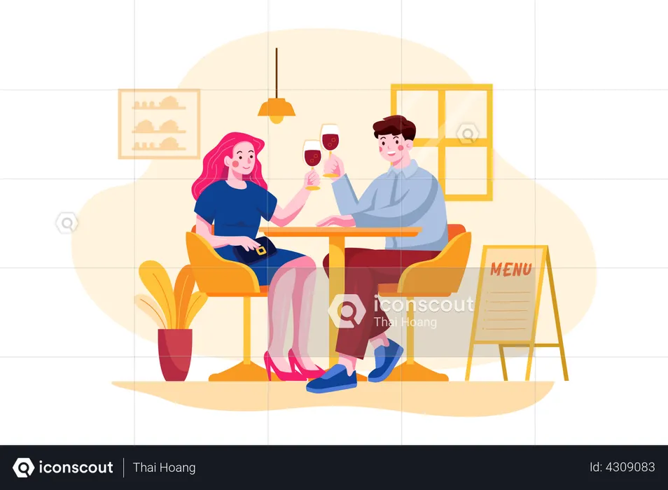 Romantic couple enjoying wine together  Illustration