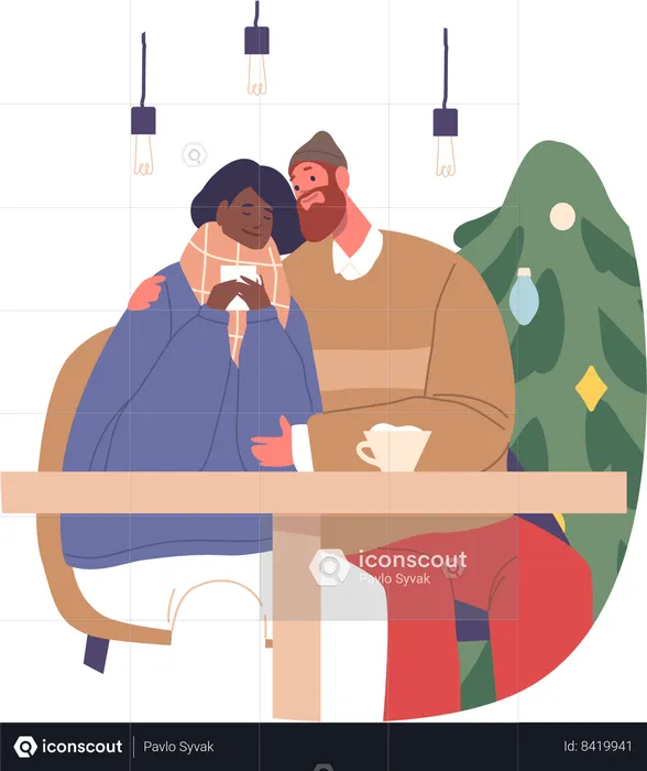 Romantic Couple In Cafe Share Warmth  Illustration