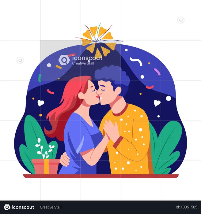 大晦日にキスをするロマンチックなカップル  イラスト