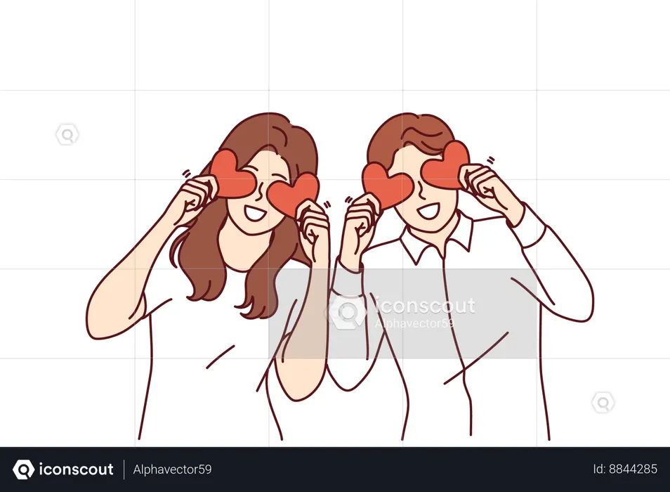 Romantic couple of man and woman holds valentine cards  Illustration