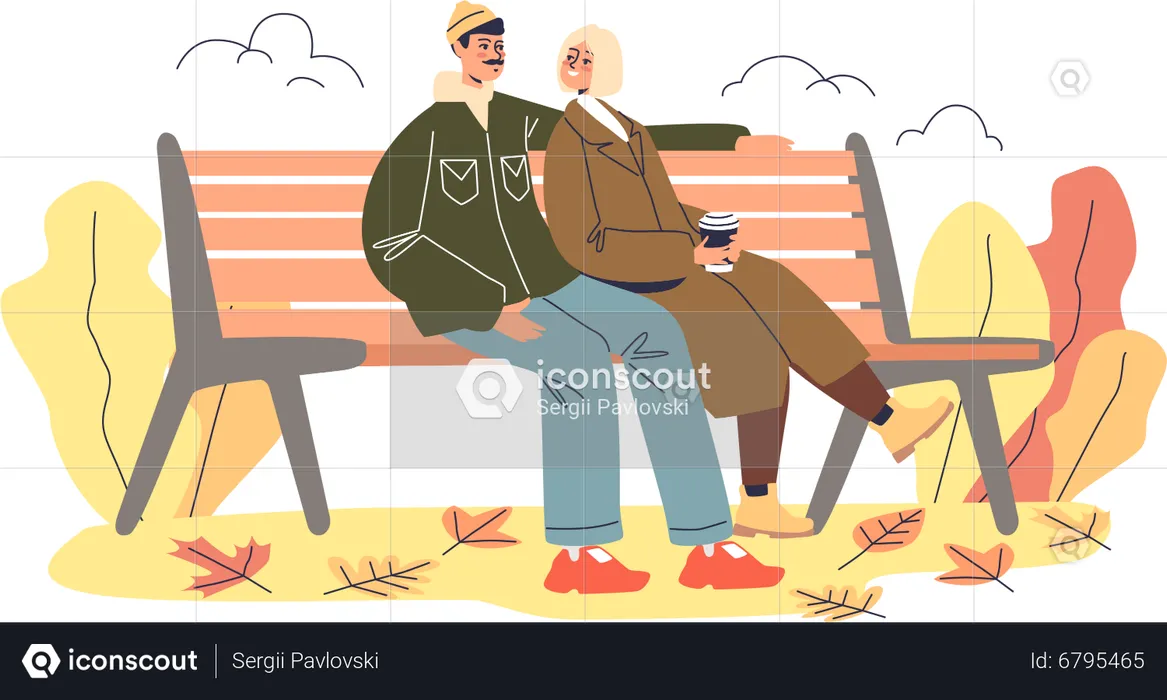 Romantic couple on date sit on bench in autumn park  Illustration