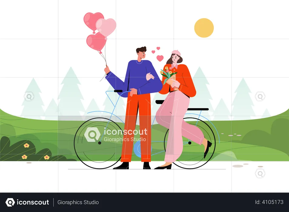 Romantic Couple standing near cycle  Illustration