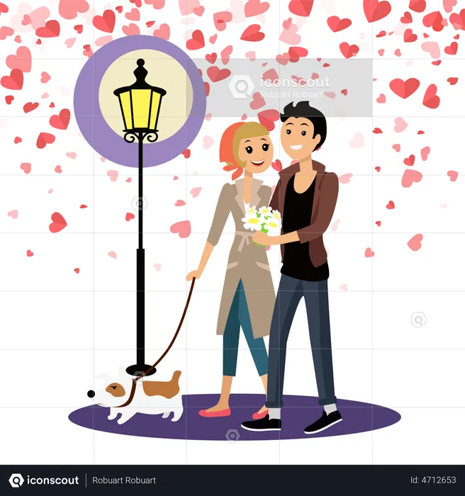 Romantic Couple Walking At Night  Illustration