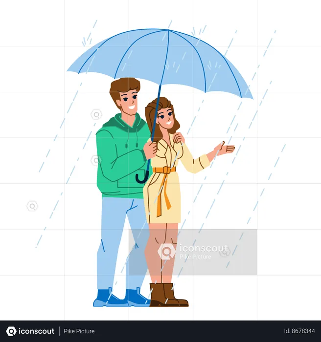 Romantic couple with umbrella in rain  Illustration