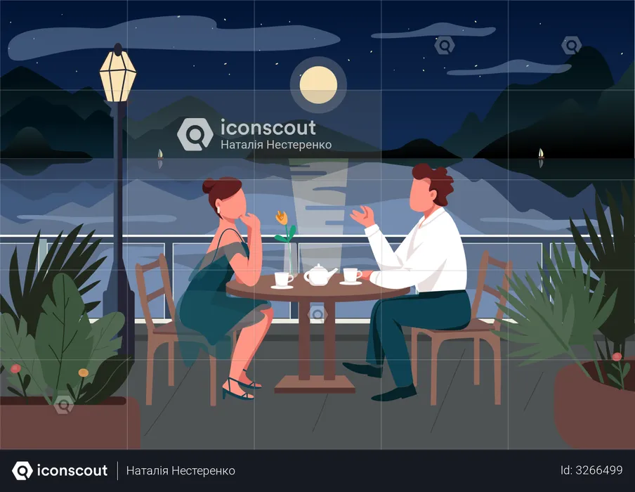 Romantic date in seaside resort town  Illustration
