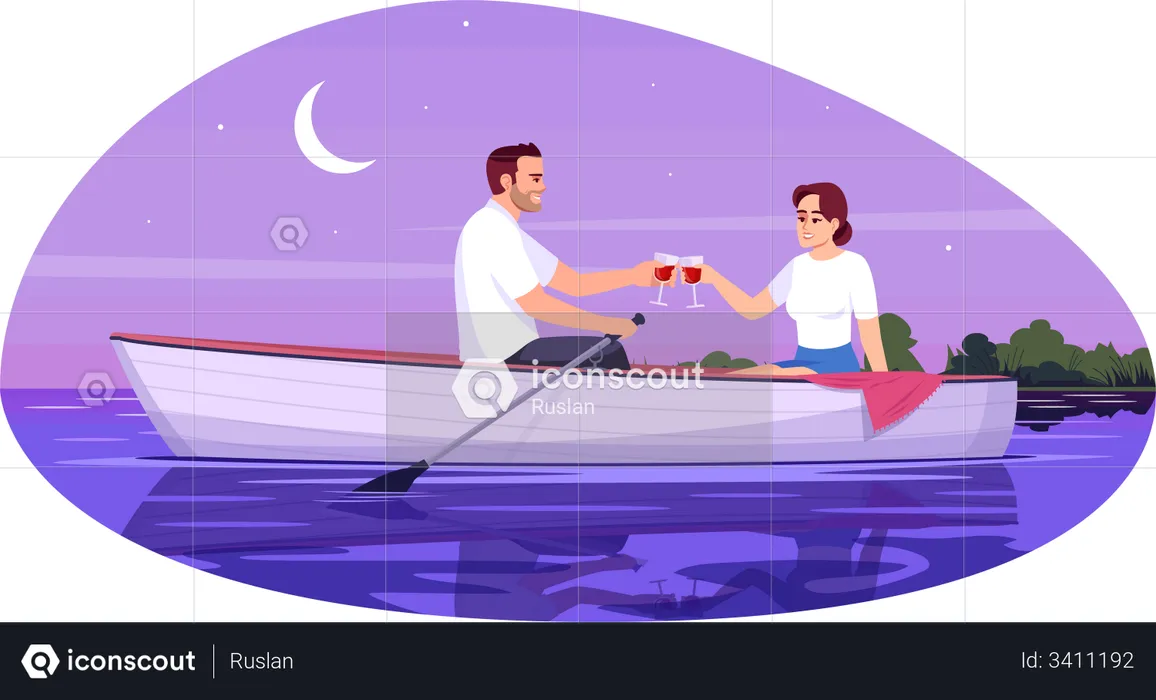 Romantic date of young couple on boat  Illustration