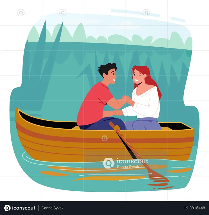 Romantic Date Of Young Couple On Boat  Illustration