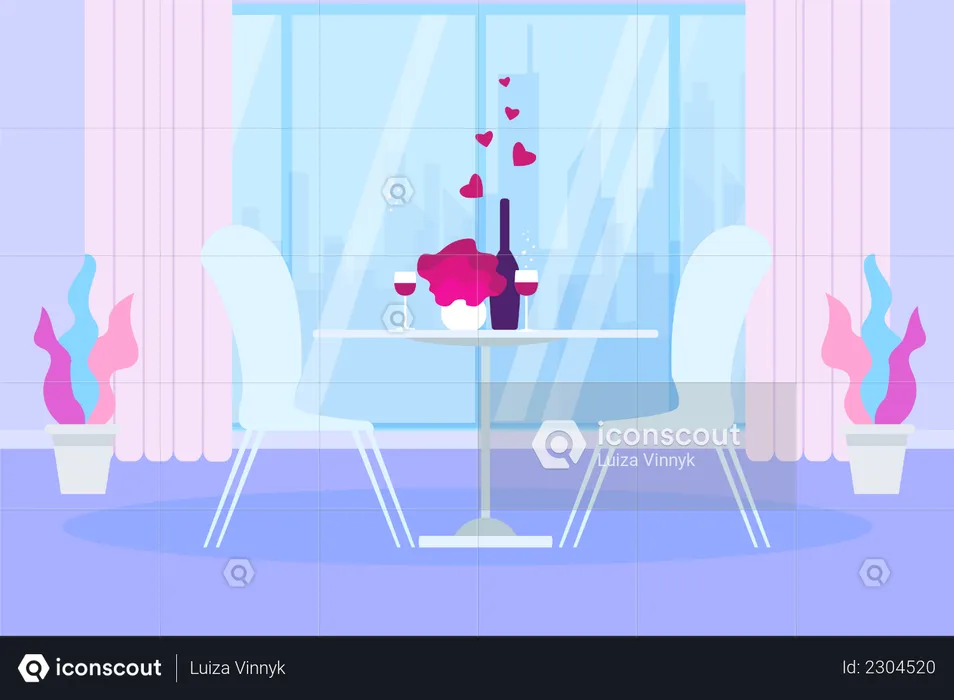 Romantic Dinner Restaurant Table with Wine Bottle and Glass  Illustration