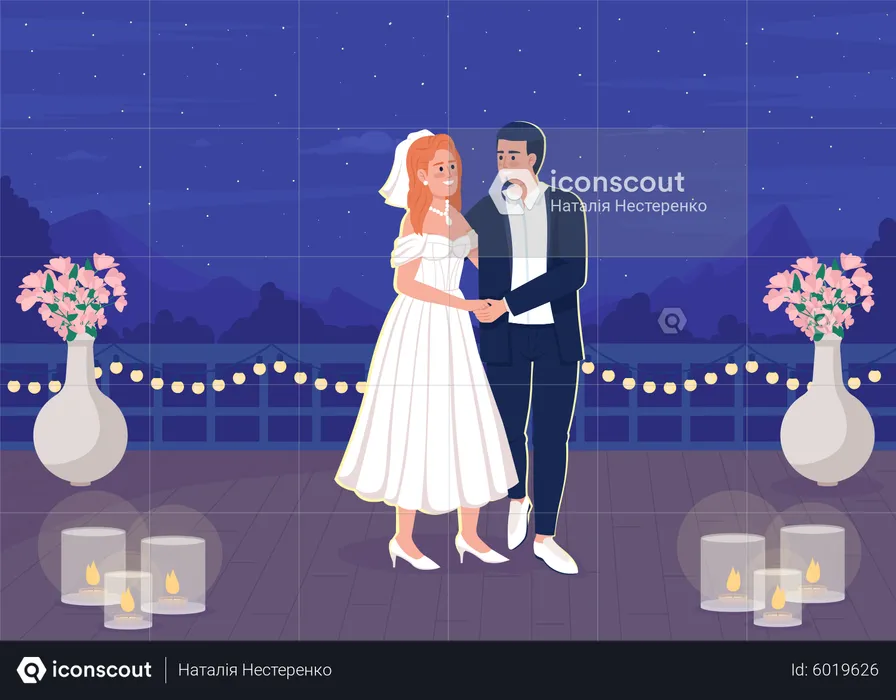 Romantic intimate atmosphere on rooftop for newlyweds  Illustration