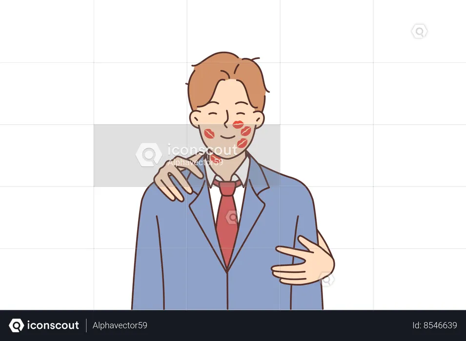 Romantic man with traces of lipstick on face and hands of woman hugging boyfriend from behind  Illustration