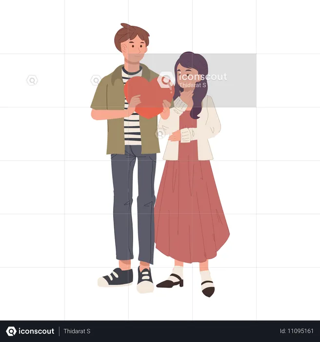 Romantic moment man giving heart to woman  Illustration